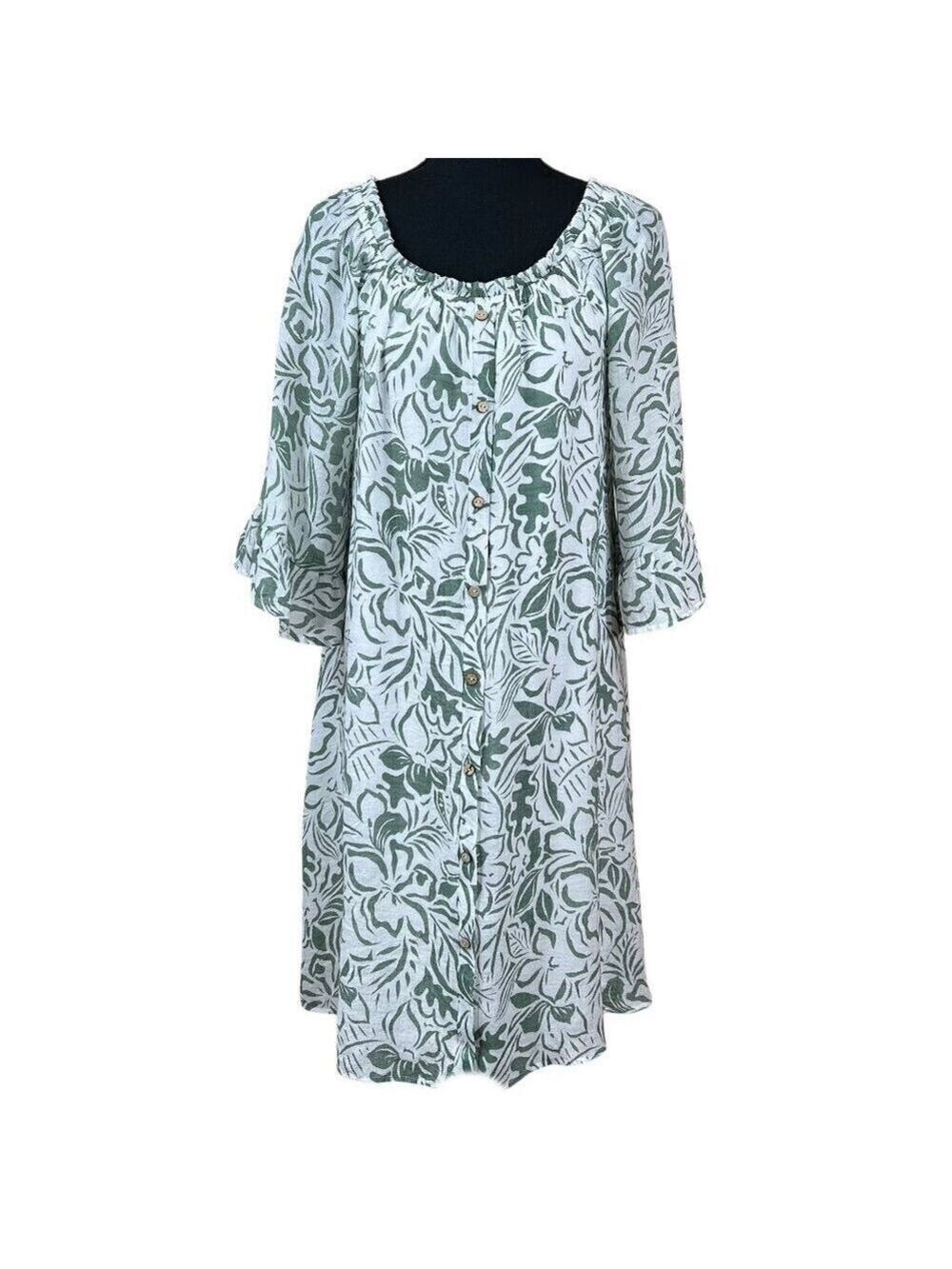 Naif Green White Rayon Gathered Neckline Bell Sleeve Sheath Dress Size L